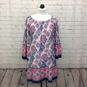 Mermaid Cove Shift Dress Women's Sm Peasant Style Bell Sleeves Geometric Beachy